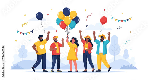 Group of Diverse People Celebrating with Balloons, Garlands, and Confetti on White Background