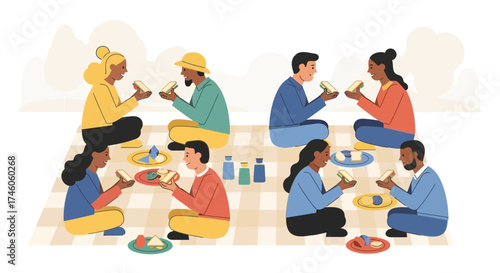 Group Of Diverse People Enjoying Picnic Scene With Delicious Food In Nature