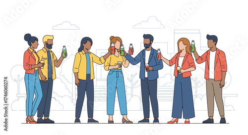 Group of Diverse People Celebrating with Drinks Outdoors in a Modern Illustration
