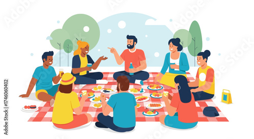 Group of friends enjoy a picnic in a park enjoying food and quality time together happy