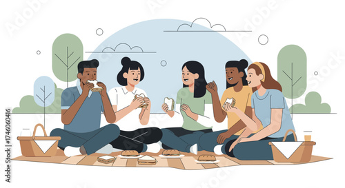 Group Of Friends Enjoy A Pleasant Picnic Together In A Park Setting In The Sunshin