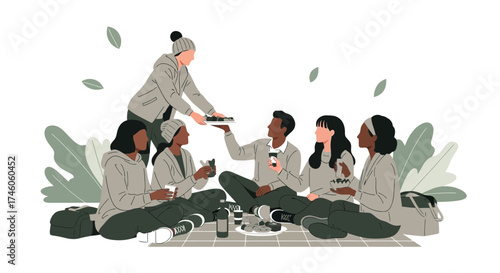 Group Of Friends Enjoying A Meal Outdoors During A Relaxing Picnic Outing Together