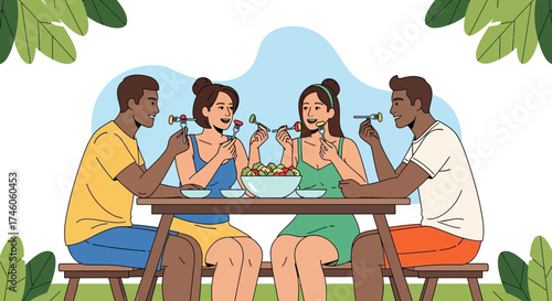 Group of friends enjoying a healthy meal together outdoors illustration