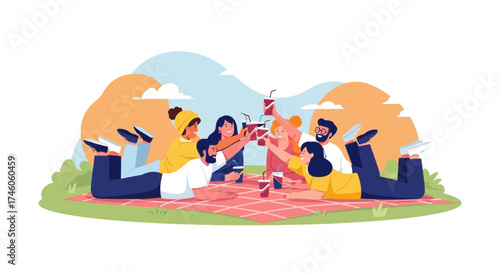 Group of friends enjoying a picnic and celebrating with beverages, cheerful moments