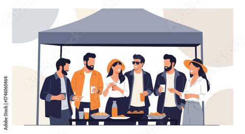 Group of friends enjoying a outdoor gathering under a canopy celebrating