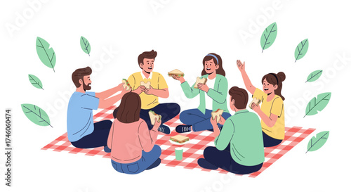 Group of Friends Enjoying a Picnic Gathering on a Sunny Day with Sandwiches