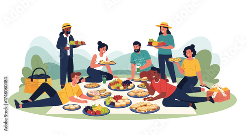 Group of Friends Enjoying a Picnic Outdoors Eating Food  and Relaxing Happy Outdoors