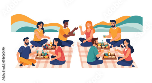 Group of friends enjoying a picnic outdoors together with food and drinks happily