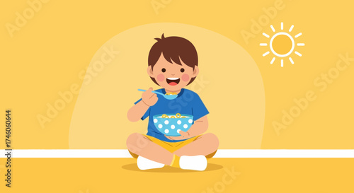 Happy Child Enjoying Meal With Sun, Eating Cereal, Healthy Breakfast, Simple Illustration