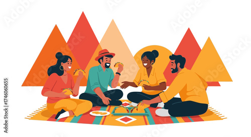 Group Of Friends Enjoying Mexican Tacos Together On A Sunny Picnic Day