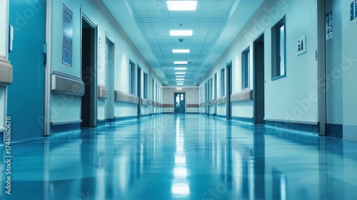 Clean, empty hospital corridor with blue floor and fluorescent lighting