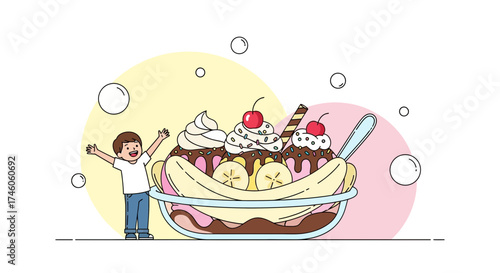 Happy child excited about a delicious banana split with ice cream and cherries