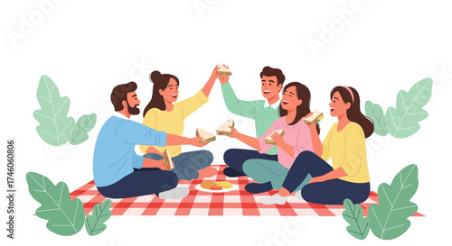 Group of friends having a picnic lunch outdoors with sandwiches and drinks