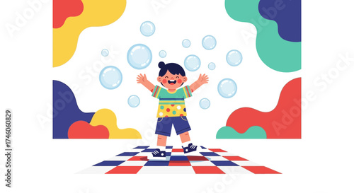 Happy Child Plays With Bubbles, Colorful Background and Unique Floor, Illustrated, Fun Moment