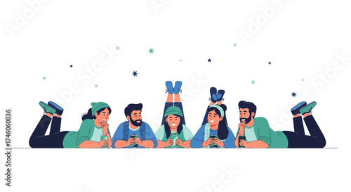 Group Of Friends Leisurely Relaxing Together Under A Sky Of Stars, Enjoying Moments