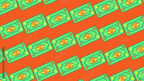 Bold animated money pattern background with repeating green dollar bills on vibrant orange backdrop creating a dynamic financial theme.