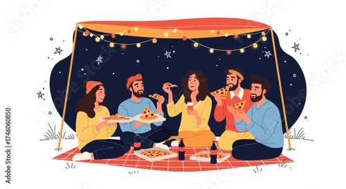 Group of friends having pizza together at night during a camping activity