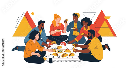 Group Of Friends Sharing Authentic Tacos, Celebrating Friendship in a Festive Gathering