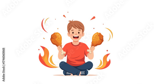 Happy child sitting on the floor holding fried chicken legs with fire illustrations