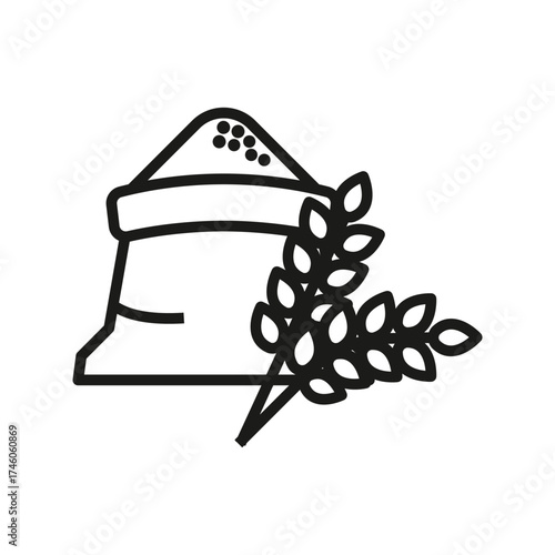 Black outline graphic of a bag filled with granules with stems of grains beside it. Editable stroke line icon