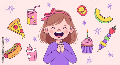 Happy Child With Food Items and a Cupcake Celebrates a Special Occasion