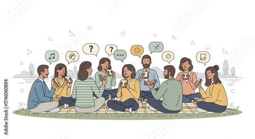 Group Of Friends Sharing Food And Ideas While Enjoying Fun Conversation Outdoors