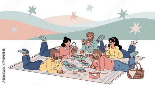 Group Of Friends Sharing Food And Laughing While Enjoying An Outdoor Picnic Together