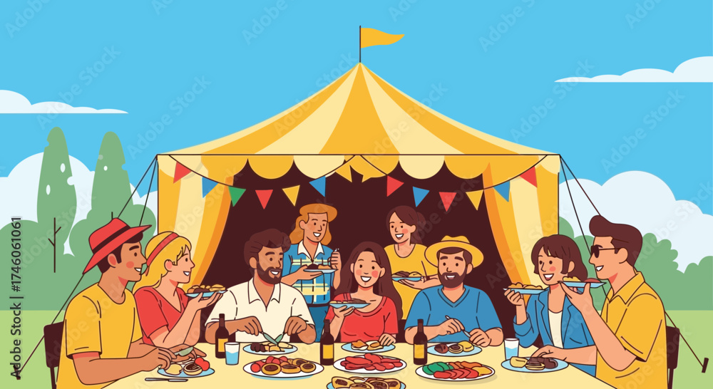 Fototapeta premium Group of People Gathered for Outdoor Fun with Food and a Festive Tent Celebration