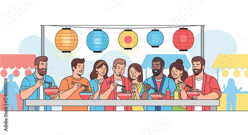 Group Of People Enjoying Asian Food At Colorful Lantern-Lit Street Food Market