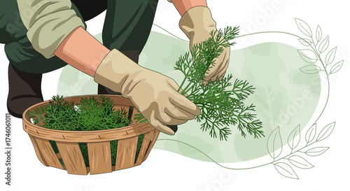 Hands Harvesting Fresh Dill Leaves From Basket in a Stylized Garden Setting