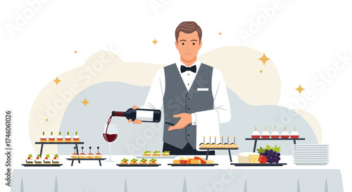 Handsome Server Pouring Wine At Banquet, Celebrating, Special Event, Catering Service