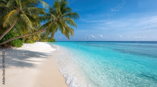 Wallpaper Mural Stunning Tropical Beach with Crystal Clear Water and Lush Palm Trees Under Bright Blue Sky Torontodigital.ca