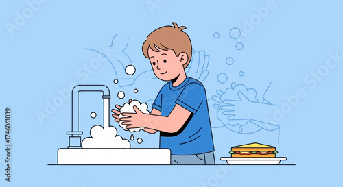 Handwashing Illustration Depicting Child And Sandwich Emphasizing Hygiene Practices for Food Safety