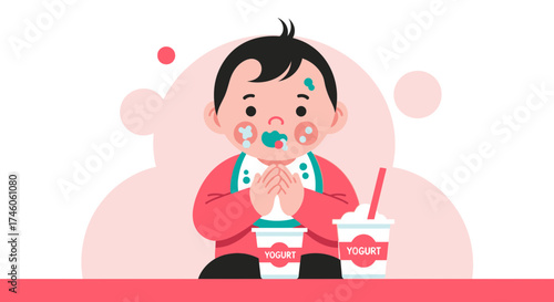 Happy Adorable Baby With Yogurt Cups And A Pacifier Enjoying Its First Meal