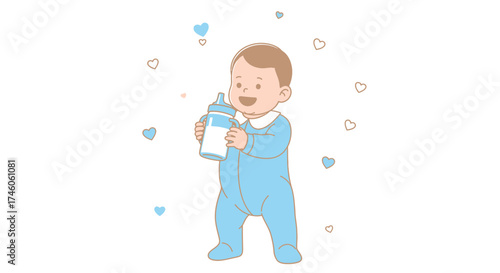 Happy Baby Enjoying A Bottle Surrounded By Heart Symbols In Blue and Beige Colors