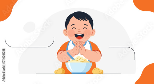 Happy baby enjoying his food, nutritious and healthy meal eating concept illustration