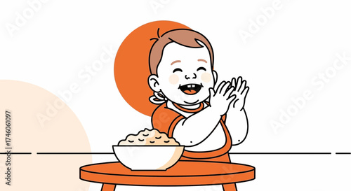 Happy Baby Praising Food After Mealtime With Plate Of Delicious Porridge Illustration