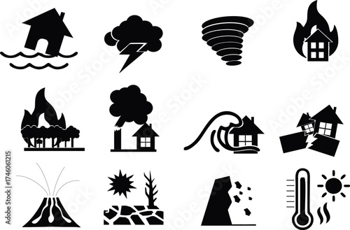 A collection of twelve black silhouette icons representing various natural disasters and extreme weather events. Each icon is stylized and minimalistic, depicting disasters such as flooding, thunderst