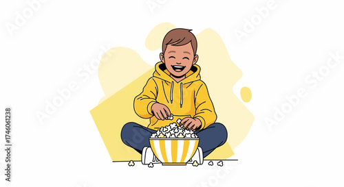 Happy boy eating popcorn, enjoying leisure time, entertainment and cinema concept vector