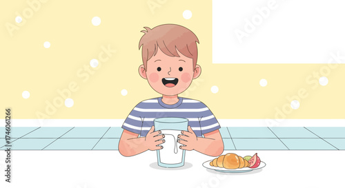 Happy Boy Enjoying Breakfast, Holding a Glass of Refreshing Milk, Ready to Eat Croissant