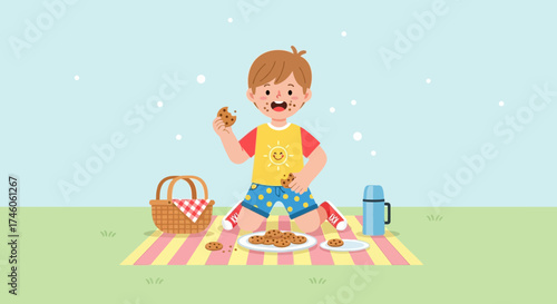Happy Boy Enjoying Cookies In A Picnic Setting And Having Fun Outdoors