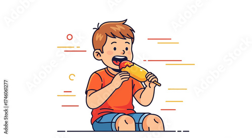 Happy Boy Enjoying Corn Dog, Fun Cartoon Illustration In A Delightful And Playful Style
