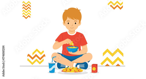 Happy Boy Enjoying Crunchy Nachos And Refreshing Drink With A Joyful Expression