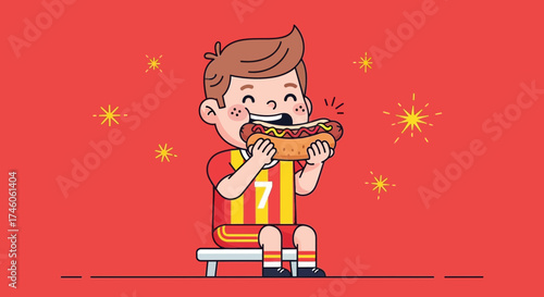 Happy Boy Munching Delightful Hot Dog in a Fun Cartoon Illustration