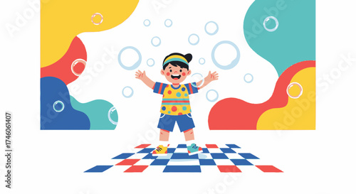 Happy Boy Plays With Bubbles in Colorful Abstract Background Delightfully