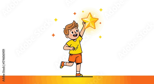 Happy Boy Reaching Out For Shining Star Symbolizing Achievement and Success