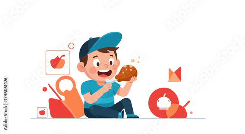 Happy Boy Relishing His Freshly Cooked Meal in Delightful And Colorful Illustration