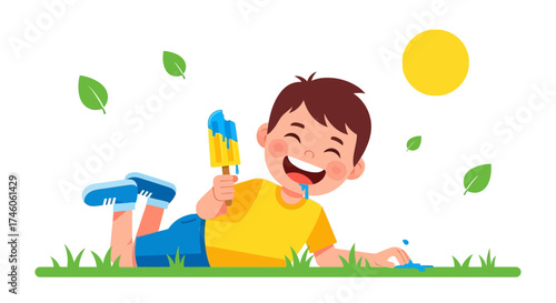Happy Boy Relaxes On The Grass Enjoying An Ice Cream During A Sunny Summer Day