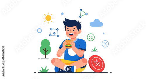 Happy Boy Relaxes Outdoors While Enjoying a Delicious, Freshly Made Hamburger