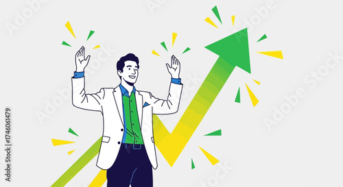 Happy business person celebrating success with a rising arrow representing growth
